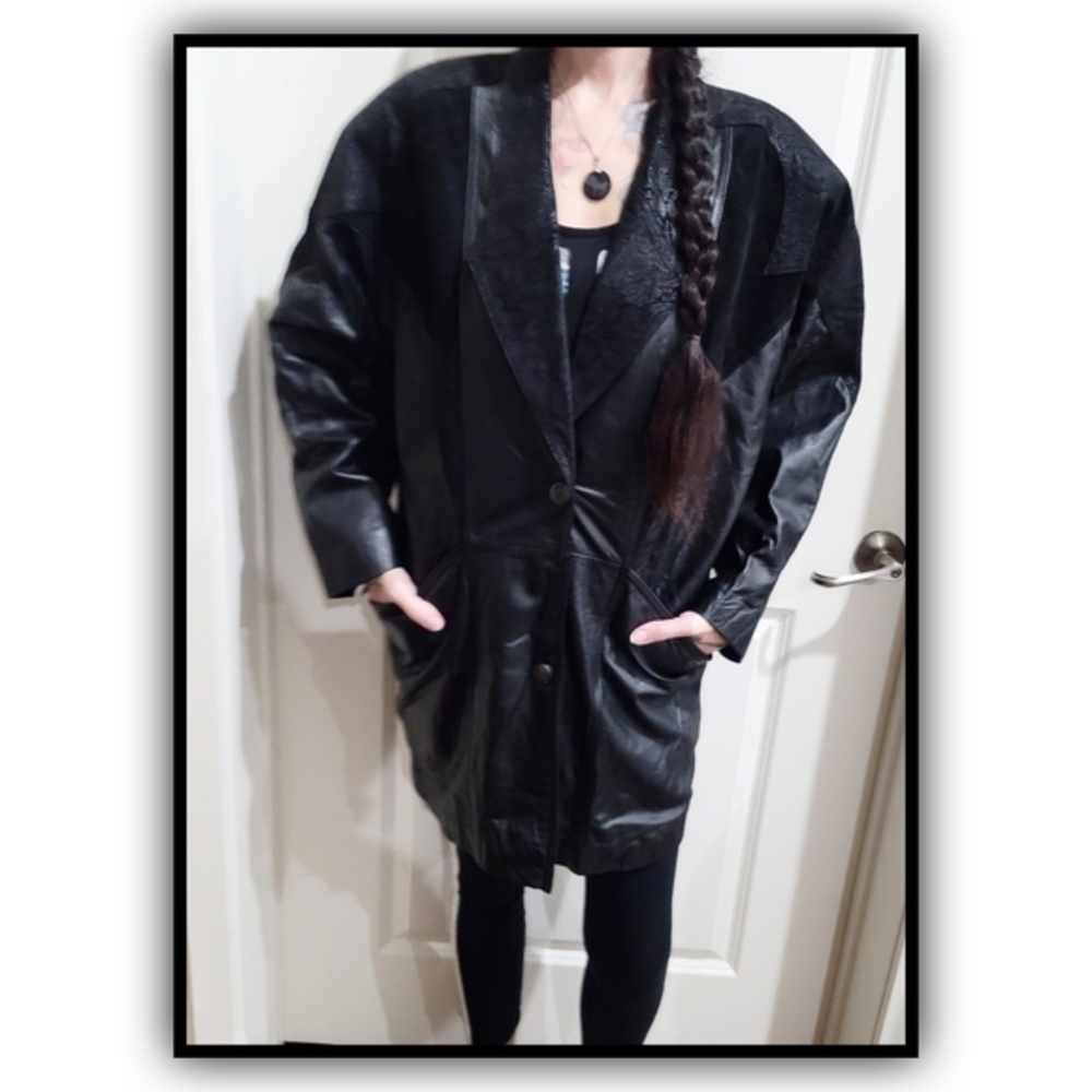 Winlit ✦ 80s Black Genuine Leather Trench Coat ✦ Paneled Longline Vintage Broad - Picture 3 of 16
